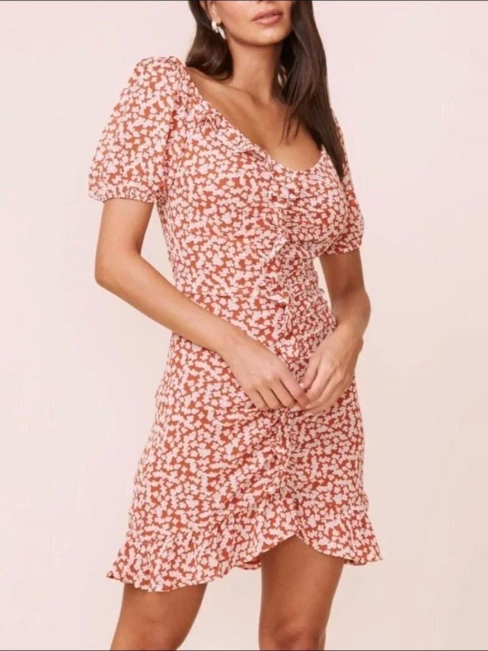 Astr Terracotta Floral Ruched Mini Dress